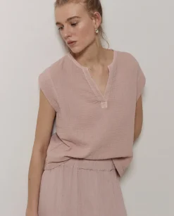 YERSE Blusa doble gasa algodón rosa pálido Fashion