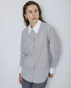 YERSE Camisa 100% algodón rayas gris claro Outlet