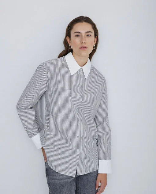 YERSE Camisa 100% algodón rayas gris claro Outlet