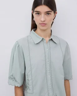 YERSE Camisa algodón bordados gris verdoso Discount