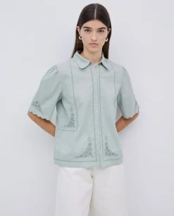 YERSE Camisa algodón bordados gris verdoso Discount