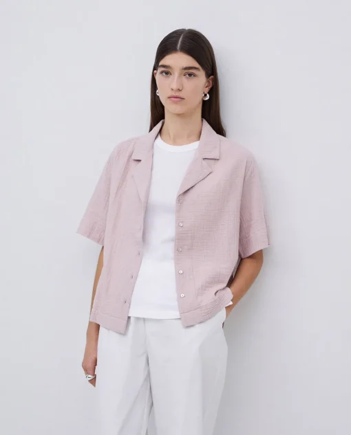 YERSE Camisa bimateria cuello solapa rosa pálido Online