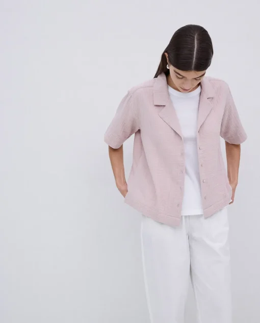 YERSE Camisa bimateria cuello solapa rosa pálido Online