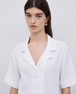 YERSE Camisa bimateria cuello solapa blanco Discount