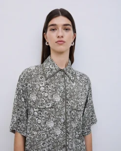 YERSE Camisa fluida floral caqui Clearance