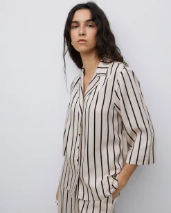 YERSE Camisa tencel cuello solapa rayas crudo Online