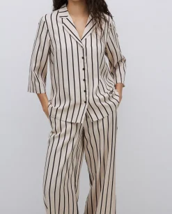 YERSE Camisa tencel cuello solapa rayas crudo Online