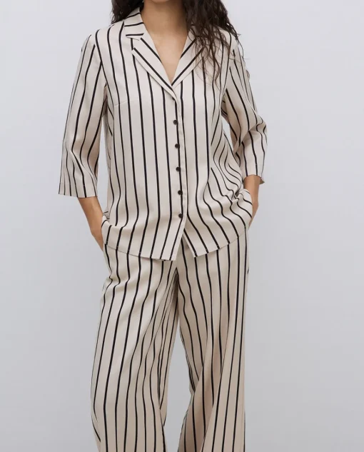 YERSE Camisa tencel cuello solapa rayas crudo Online