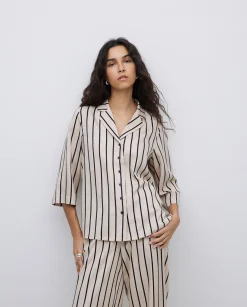 YERSE Camisa tencel cuello solapa rayas crudo Online
