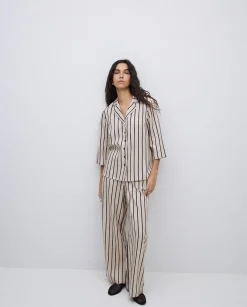 YERSE Camisa tencel cuello solapa rayas crudo Online