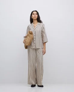 YERSE Camisa tencel cuello solapa rayas crudo Online