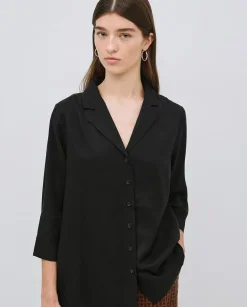 YERSE Camisa tencel cuello solapa negro Clearance