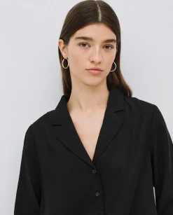 YERSE Camisa tencel cuello solapa negro Clearance