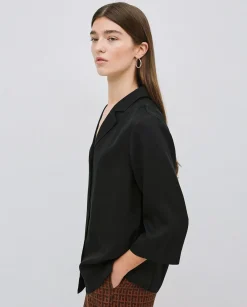 YERSE Camisa tencel cuello solapa negro Clearance