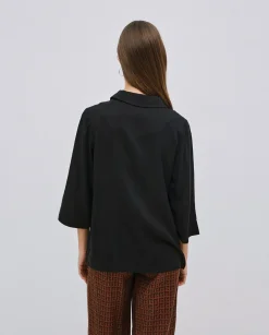 YERSE Camisa tencel cuello solapa negro Clearance