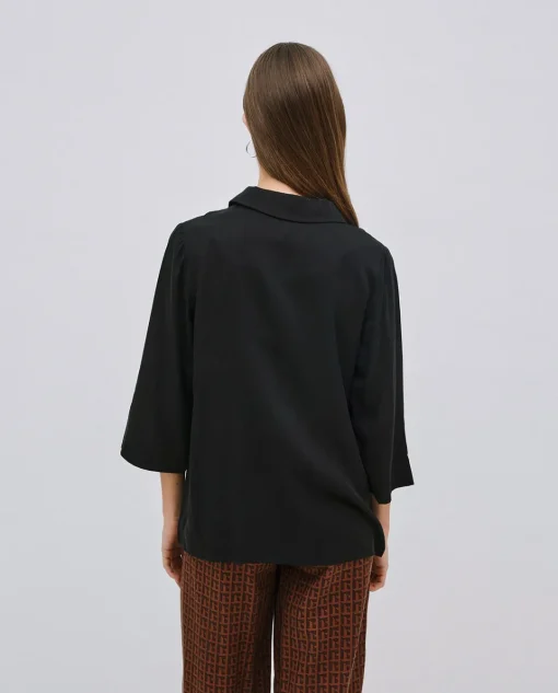 YERSE Camisa tencel cuello solapa negro Clearance