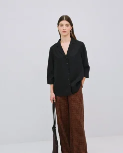 YERSE Camisa tencel cuello solapa negro Clearance