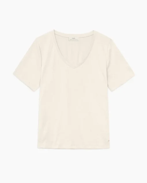 YERSE Camiseta algodón orgánico cuello pico beige Fashion