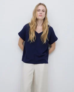 YERSE Camiseta bimateria escote pico azul oscuro Fashion