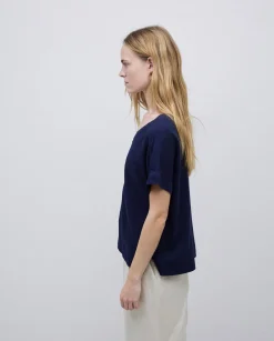 YERSE Camiseta bimateria escote pico azul oscuro Fashion