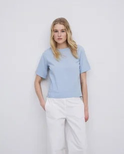 YERSE Camiseta bimateria escote redondo azul grisáceo Discount