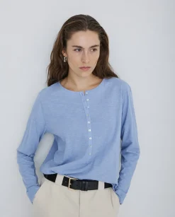 YERSE Camiseta botones 100% algodón azul Sale