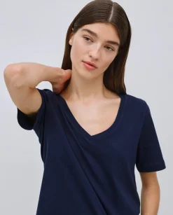 YERSE Camiseta básica cuello pico azul oscuro Online