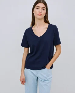 YERSE Camiseta básica cuello pico azul oscuro Online