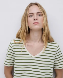 YERSE Camiseta rayas cuello pico verde New