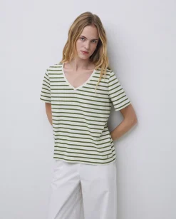 YERSE Camiseta rayas cuello pico verde New