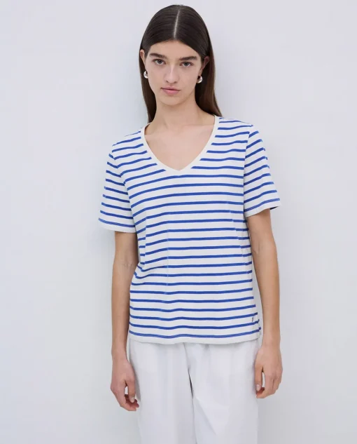 YERSE Camiseta rayas cuello pico azul royal Best