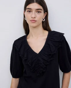 YERSE Camiseta volante con bordado negro Discount
