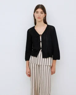 YERSE Cárdigan calado lazos negro Outlet