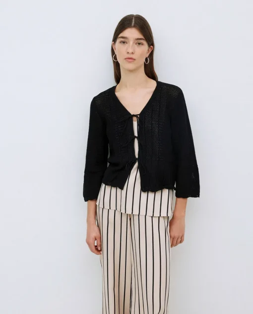 YERSE Cárdigan calado lazos negro Outlet