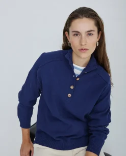YERSE Jersey de punto con botones azul oscuro New