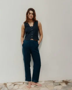 YERSE Pantalones rectos lino azul oscuro Clearance