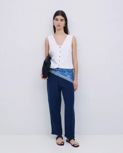 YERSE Pantalones rectos lino azul oscuro Clearance