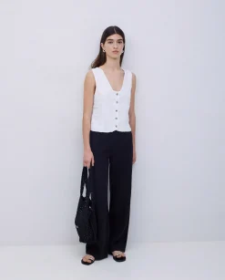YERSE Pantalones rectos lino negro Fashion