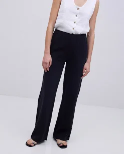 YERSE Pantalones rectos lino negro Fashion