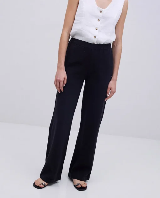 YERSE Pantalones rectos lino negro Fashion