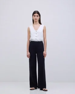 YERSE Pantalones rectos lino negro Fashion