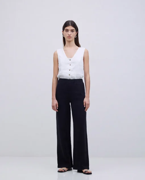 YERSE Pantalones rectos lino negro Fashion
