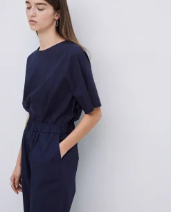 YERSE Pantalones rectos popelín azul oscuro Clearance