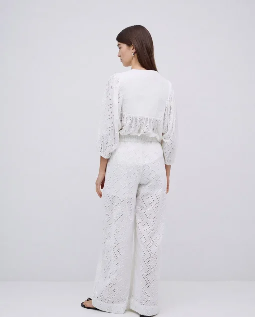 YERSE Pantalones wide leg bordado blanco Outlet