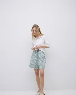 YERSE Short popelín rayas verde Clearance