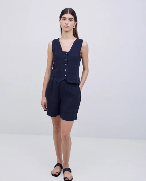 YERSE Shorts 100% lino azul oscuro Sale