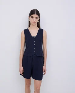YERSE Shorts 100% lino azul oscuro Sale