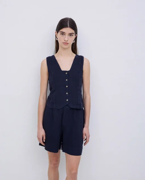 YERSE Shorts 100% lino azul oscuro Sale