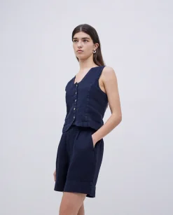 YERSE Shorts 100% lino azul oscuro Sale