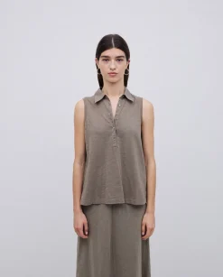 YERSE Top cuello polo botones caqui Online